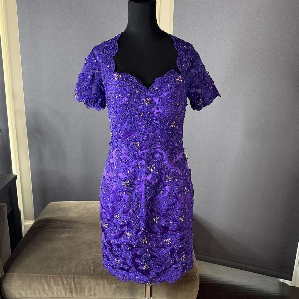 Women’s Purple Short Sleeve Formal Dress Lace Appliqué Zip Up Back Size 8 NWT